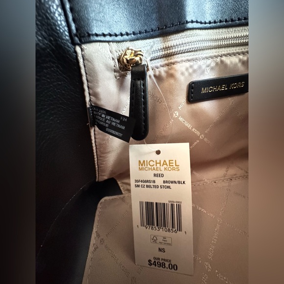 Michael Kors Reed Small Belted Satchel Shoulder Crossbody Bag MK Brown/Black - Picture 10 of 12